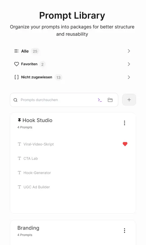 Prompt Library Interface showcasing various prompt templates and categories